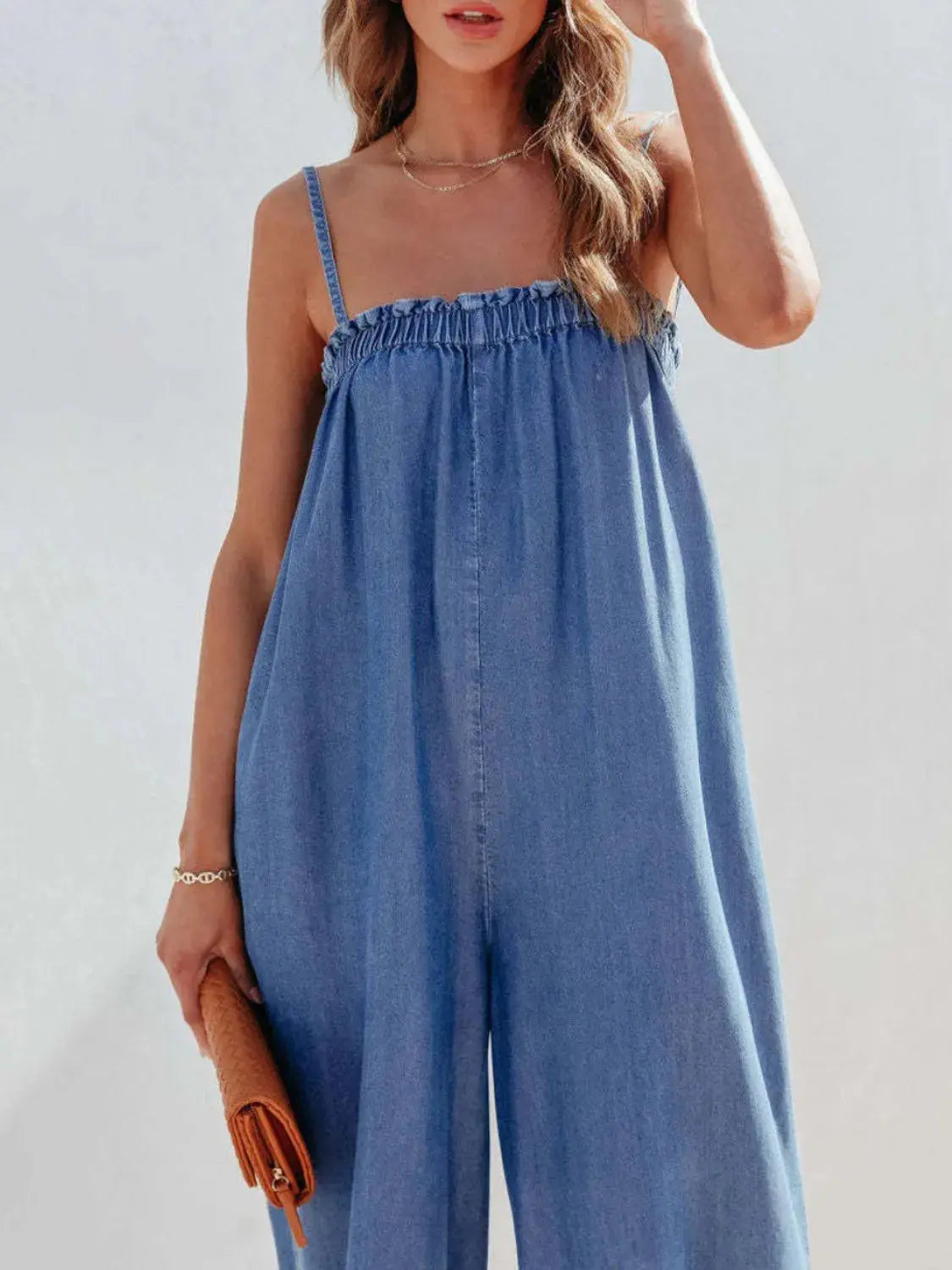 Spaghetti Strap Wide Leg Denim Jumpsuit.