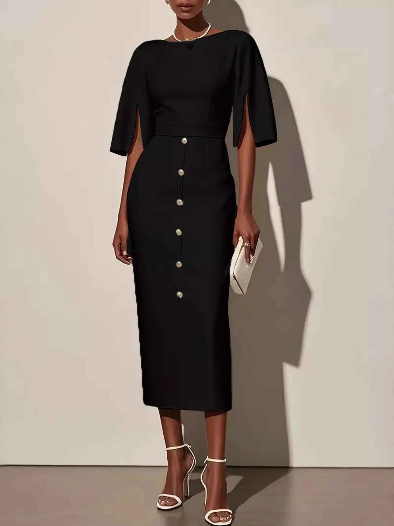 Slit Sleeve Midi Dress with Decorative Button