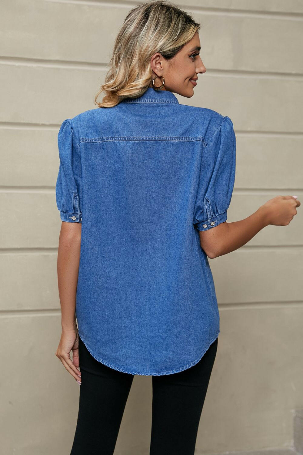 Puff Sleeve Collared Denim Top.