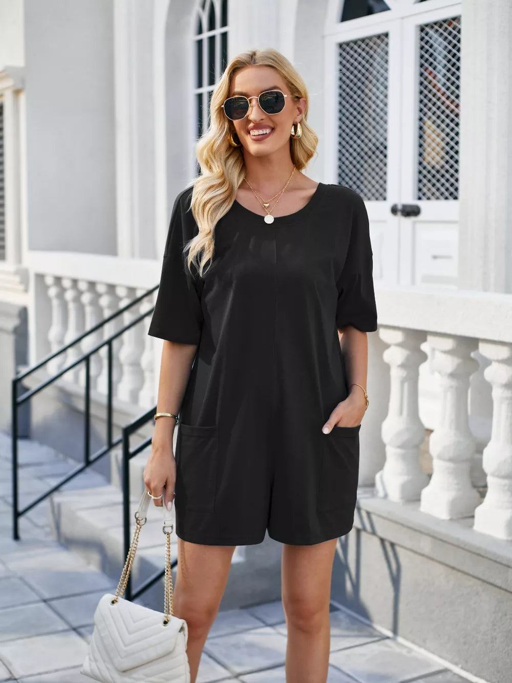 Lovelet Backless Pocketed Round Neck Half Sleeve Romper.