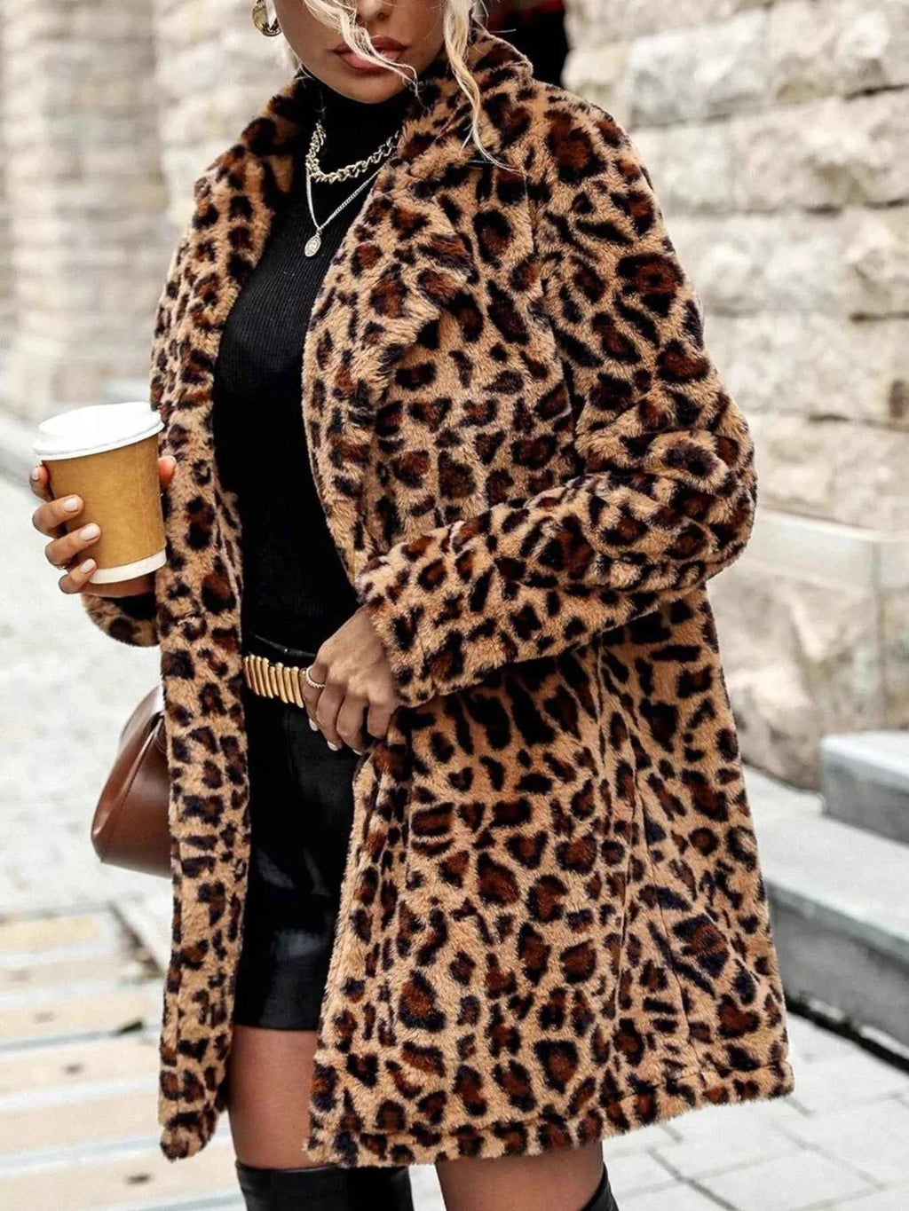 Leopard Print Faux Fur Longline Coat