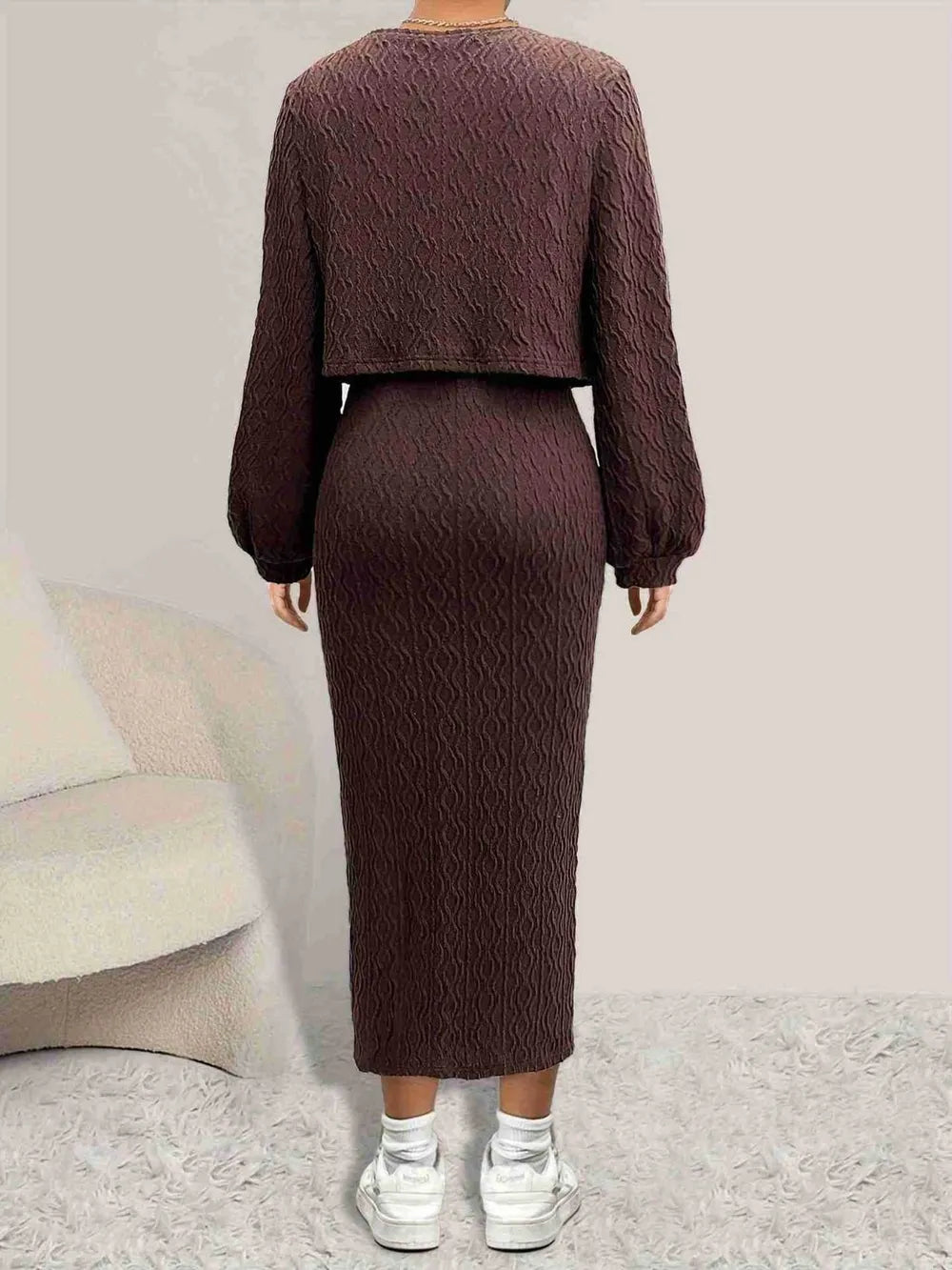 Open Front Long Sleeve Cardigan and Side Slit Cami Dress Set.