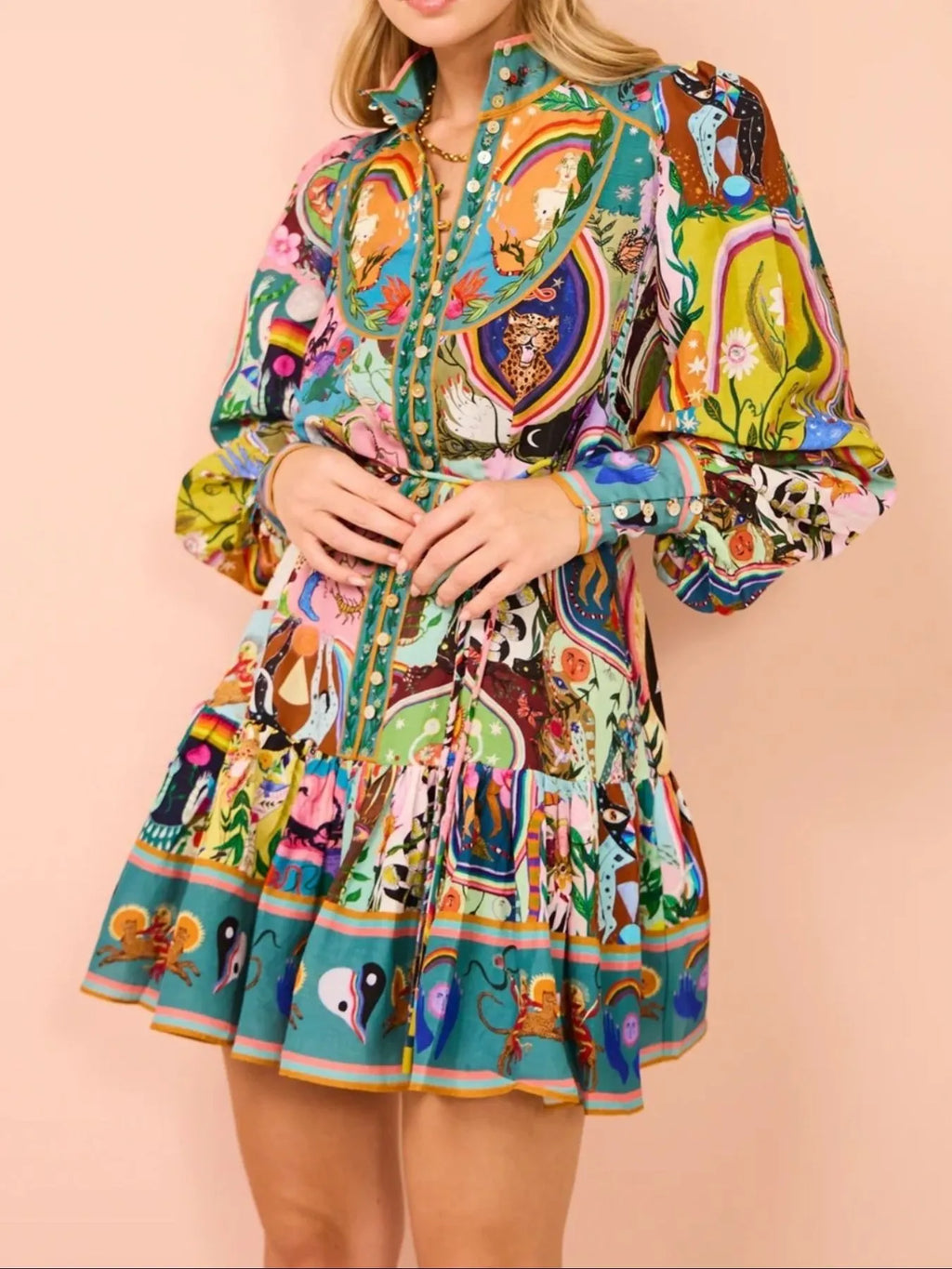 Colorful long Sleeve Mini Dress with Belt.