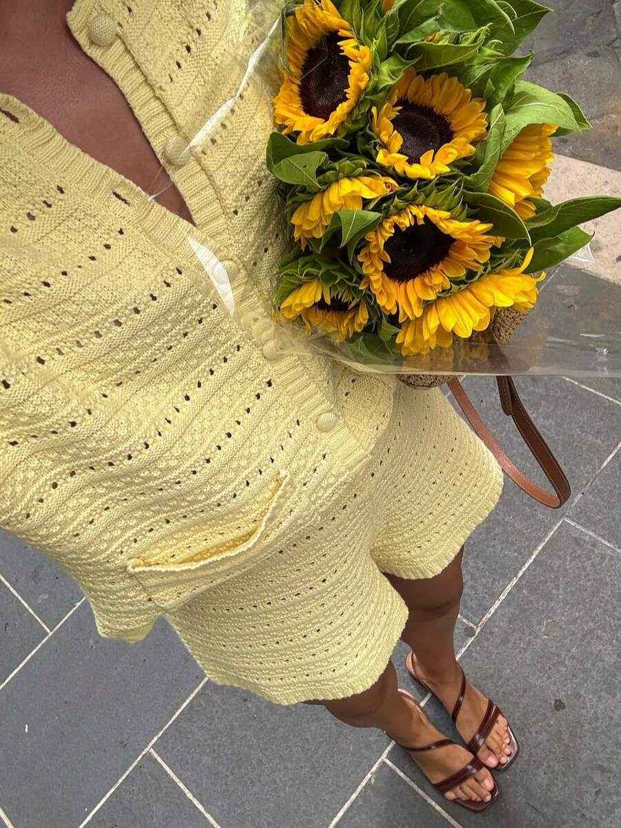 Short-sleeved Solid-color Knitted Cardigan And Shorts 2-piece Set