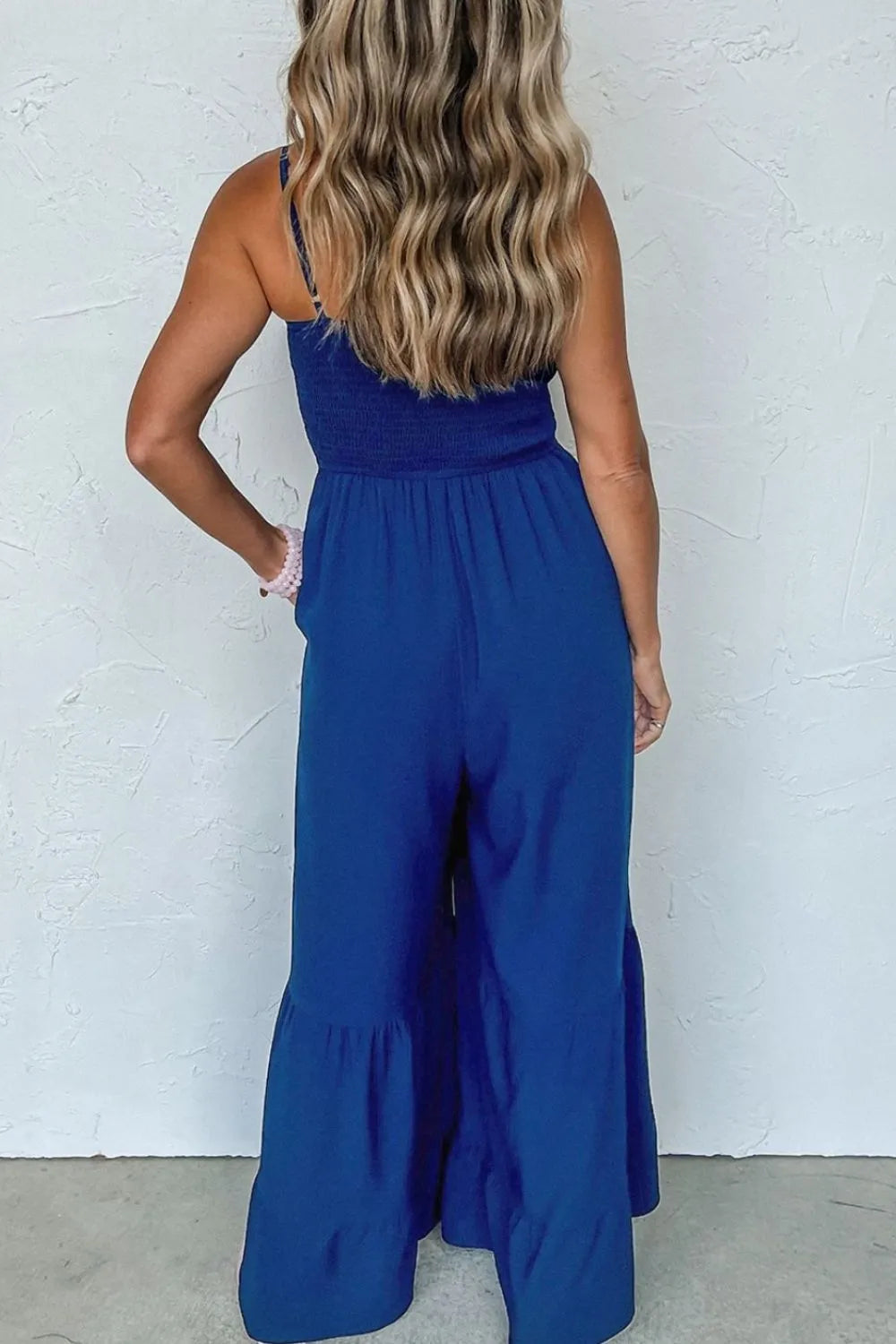 Spaghetti Straps Smocked Ruffled Wide Leg Jumpsuit.