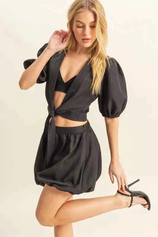 Front Tie Top and Bubble Hem Shorts