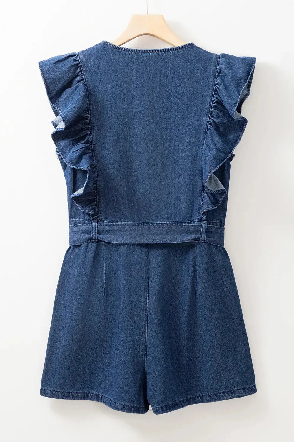 Denim Ruffled Zipped Front Belted Romper.