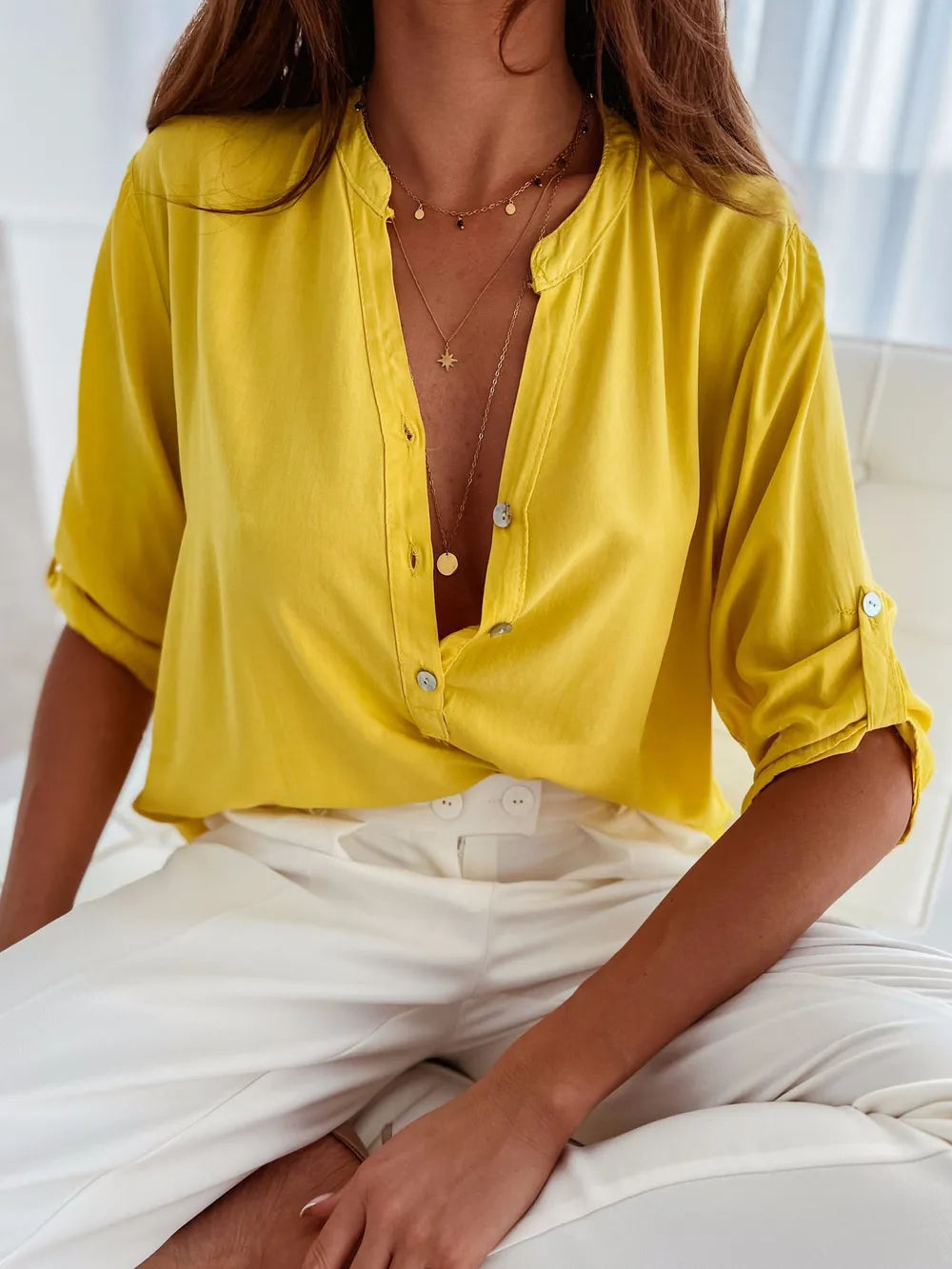 Half Button Notched Half Sleeve Blouse.