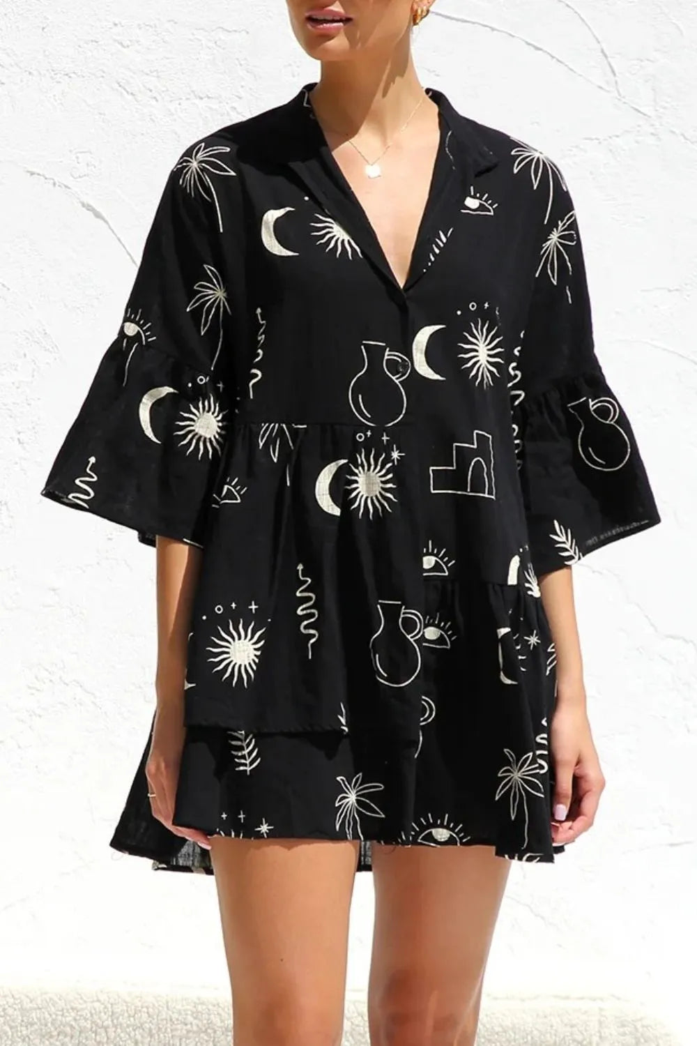 Ruched Printed Three-Quarter Sleeve Mini Dress.