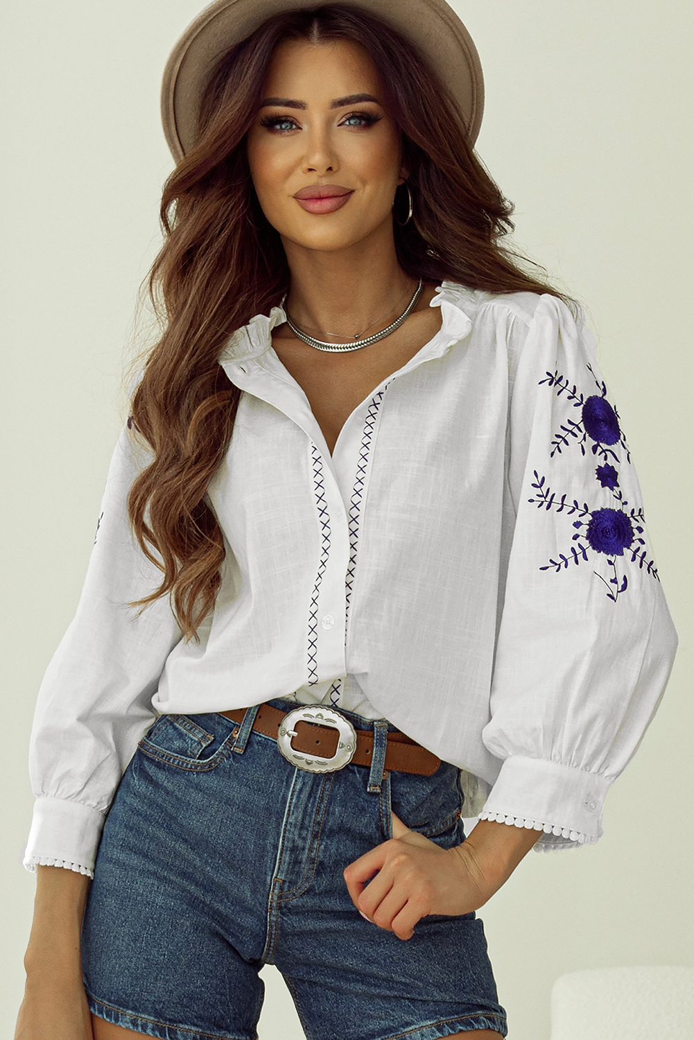 White Floral Embroidered Bracelet Sleeve Shirt Dear-Lover Dropshipping
