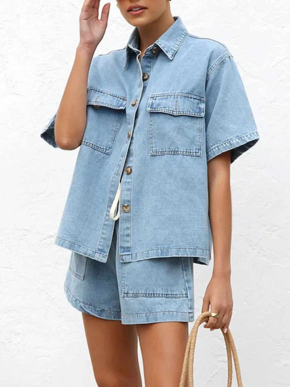 Button Up Short Sleeve Top and Shorts Denim Set.