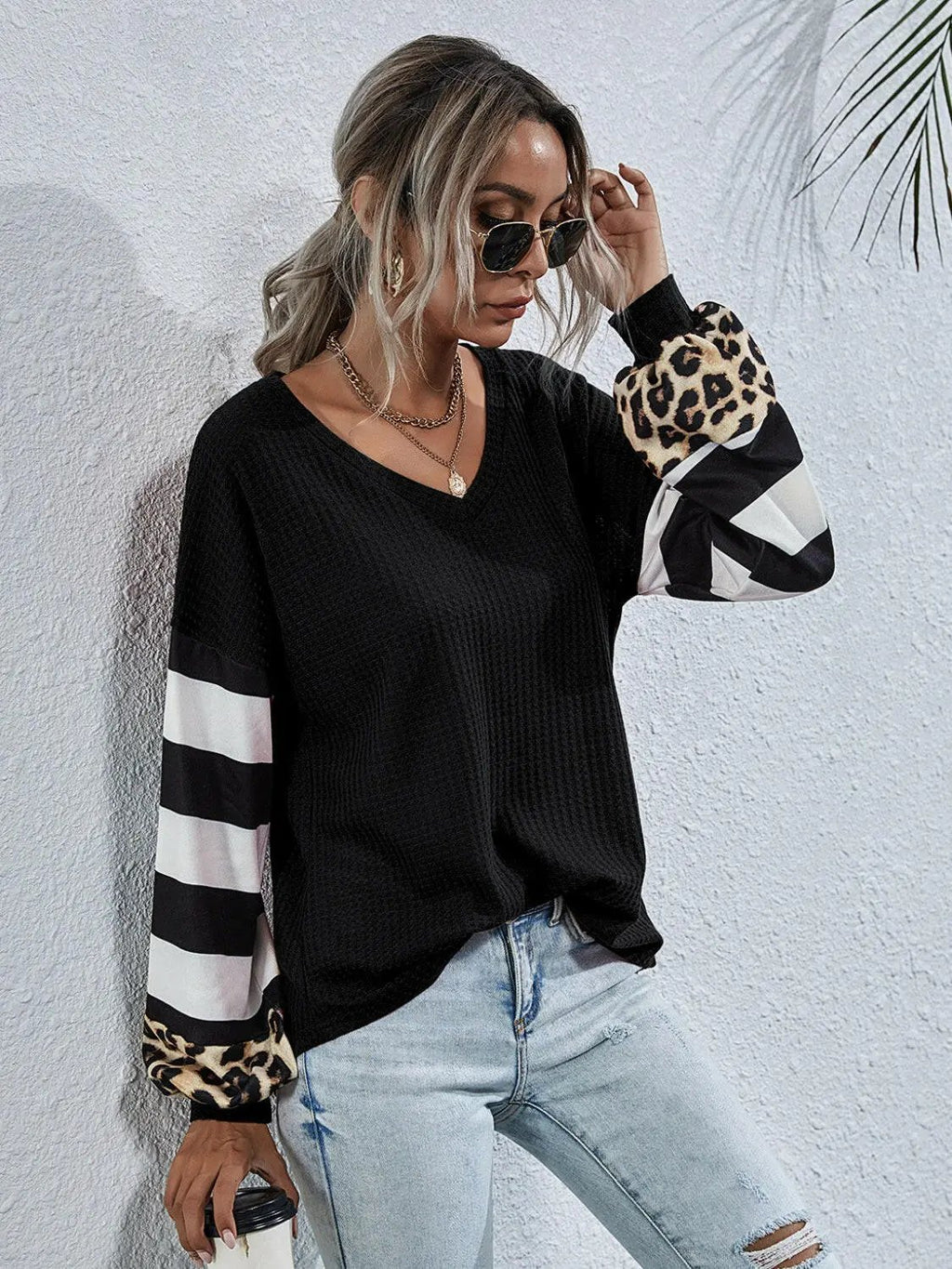 Leopard Striped Waffle-Knit Top.
