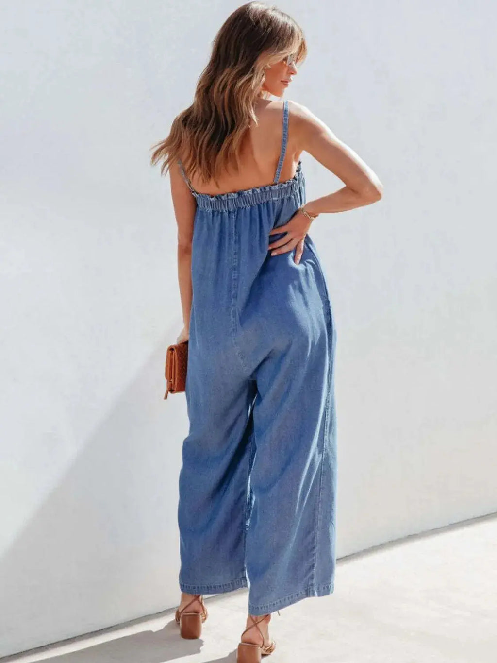 Spaghetti Strap Wide Leg Denim Jumpsuit.