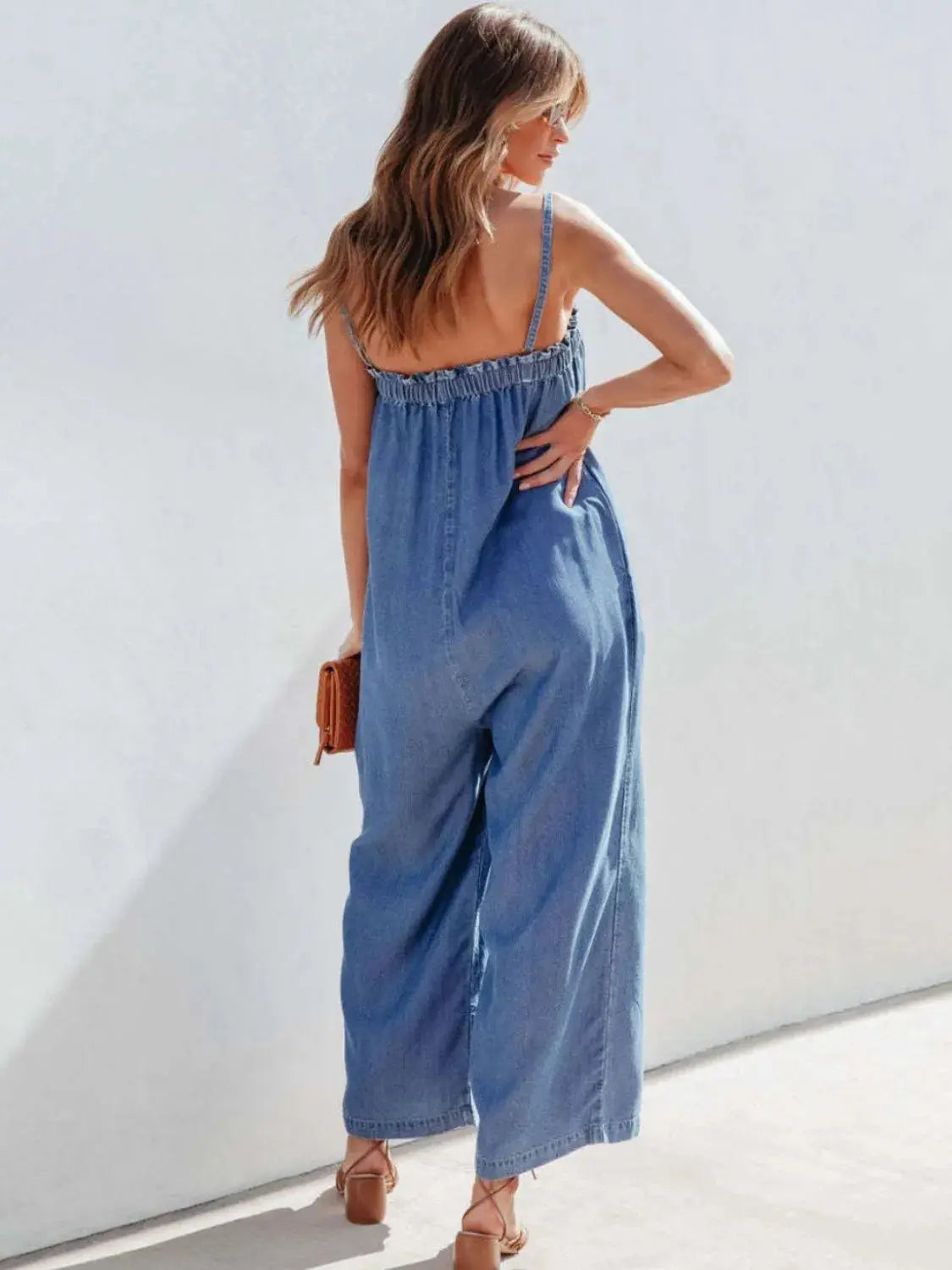 Spaghetti Strap Wide Leg Denim Jumpsuit.