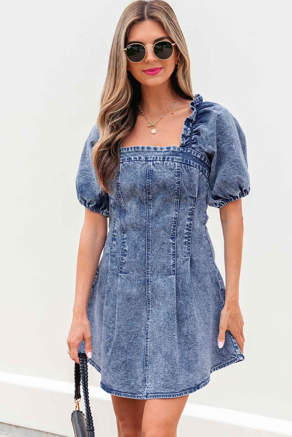 Blue Frilly Square Neck Bustier Puff Sleeve Short Denim Dress Dear-Lover Dropshipping