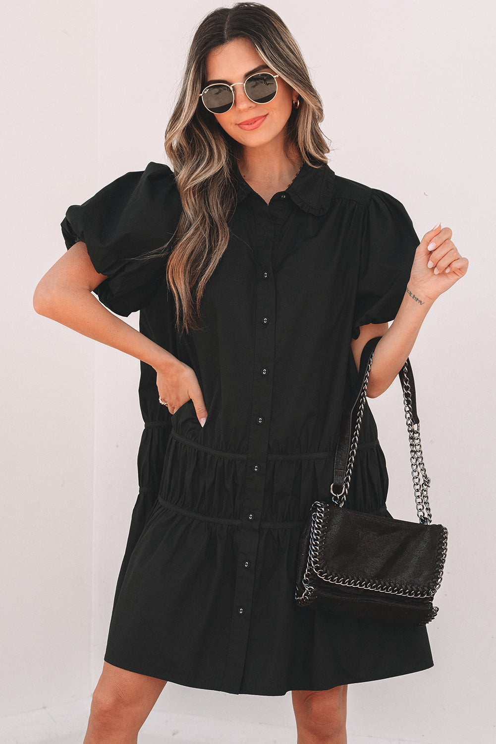 Black Shirt Style Button Down Puff Sleeve Ruffle Hem Dress Dear-Lover Dropshipping