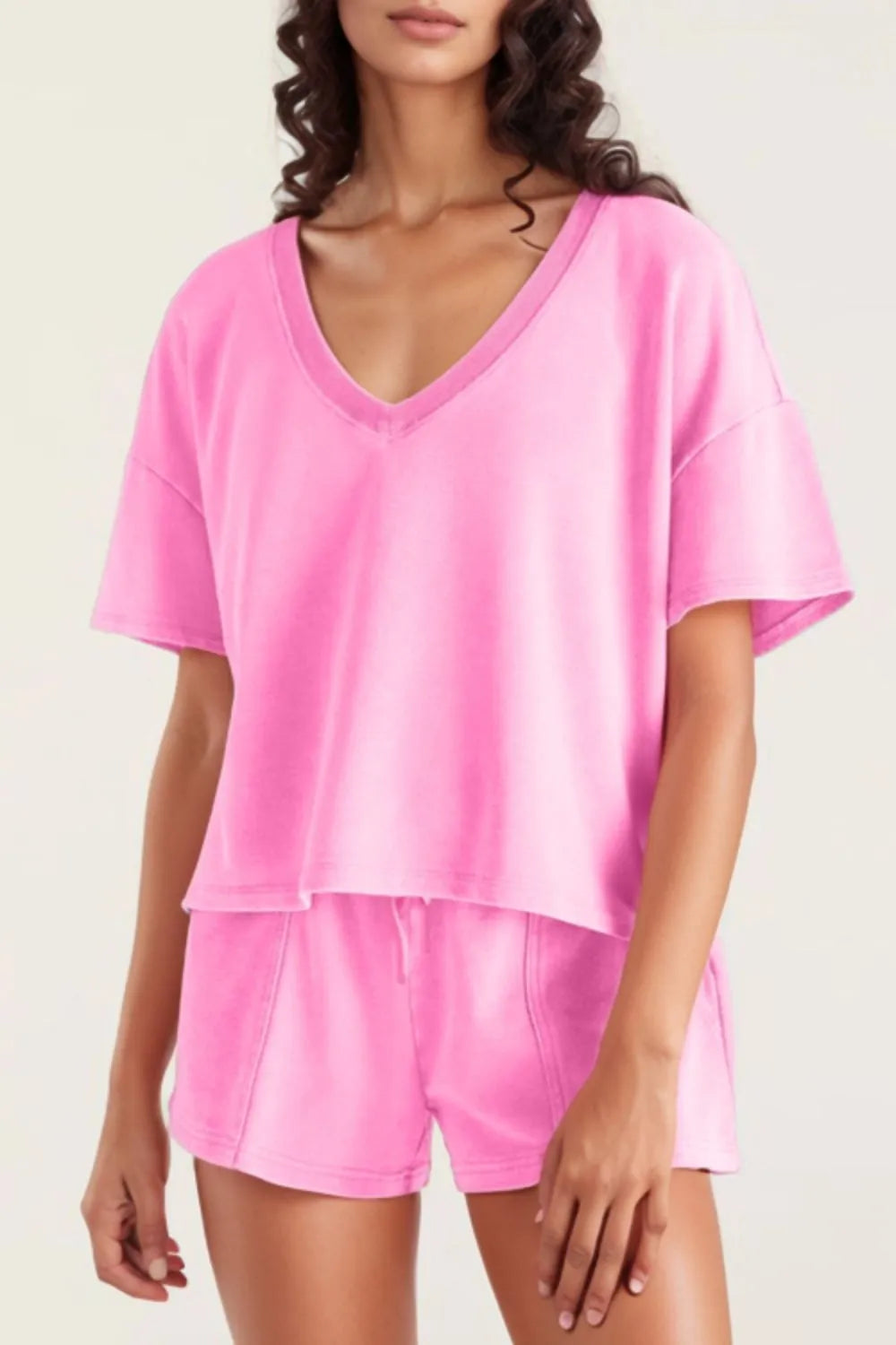 V-Neck Short Sleeve Top and Shorts Set.