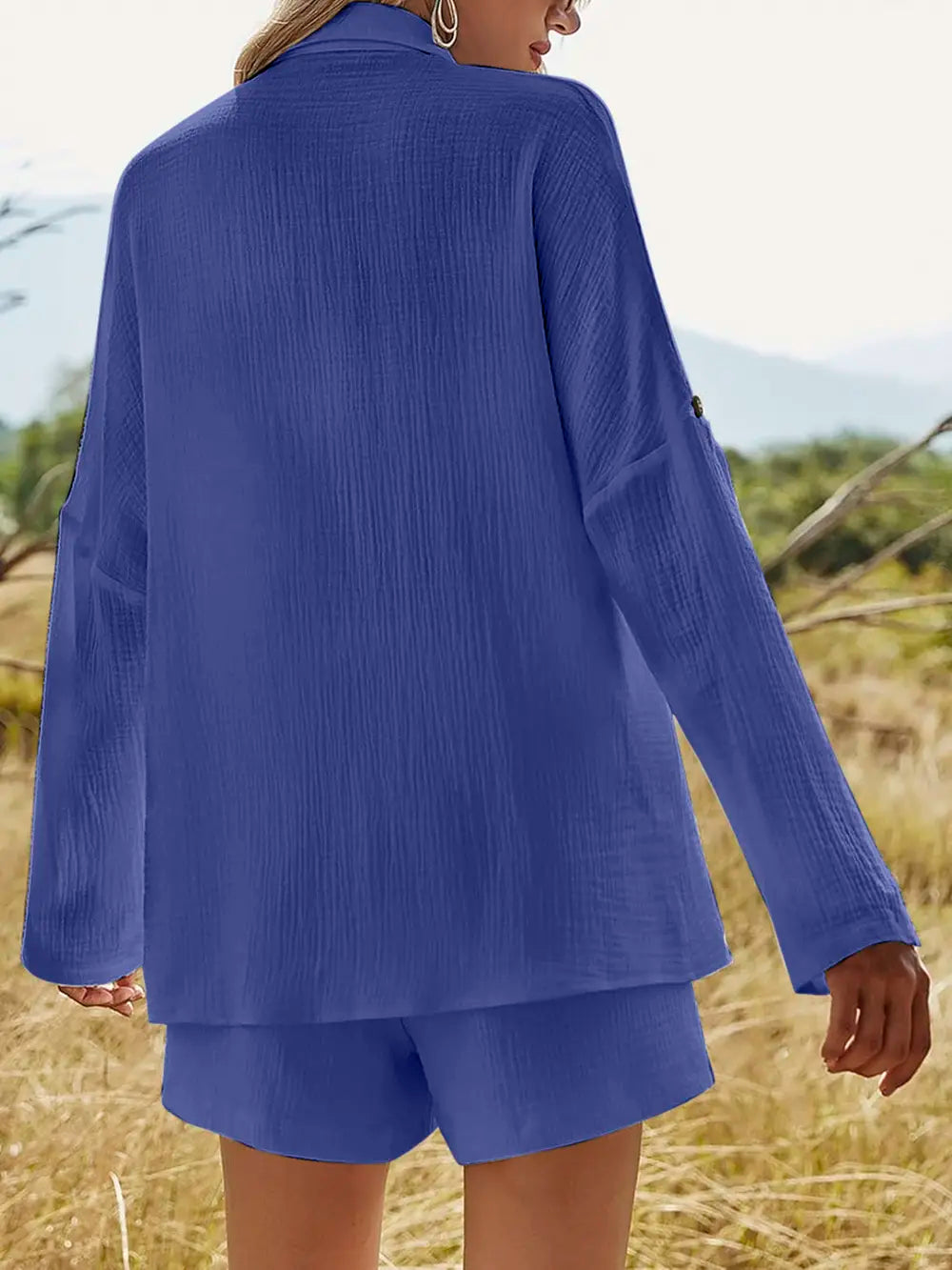Texture Button Up Shirt and Shorts Set - CHIC TB
