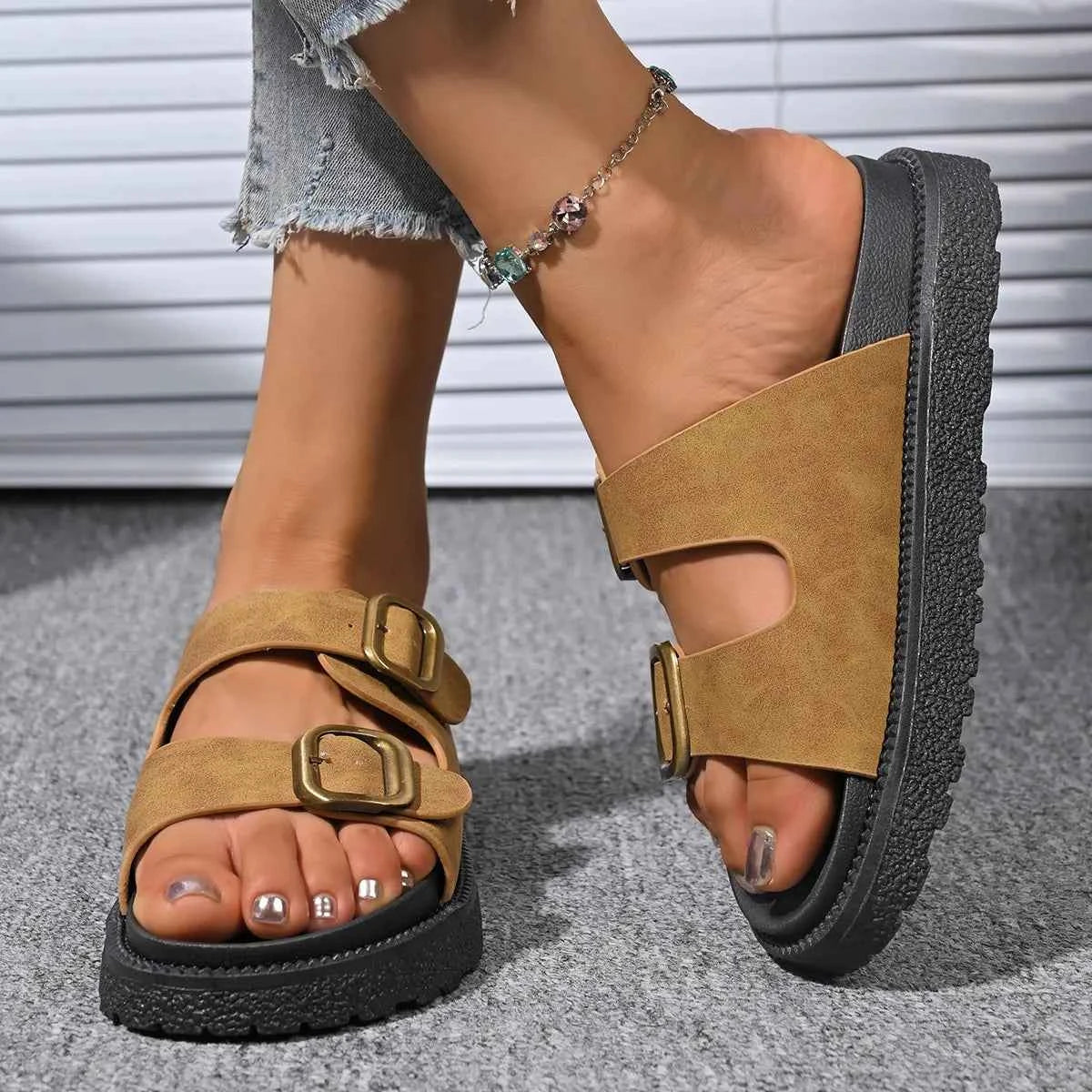 Double Buckle Slide Sandals