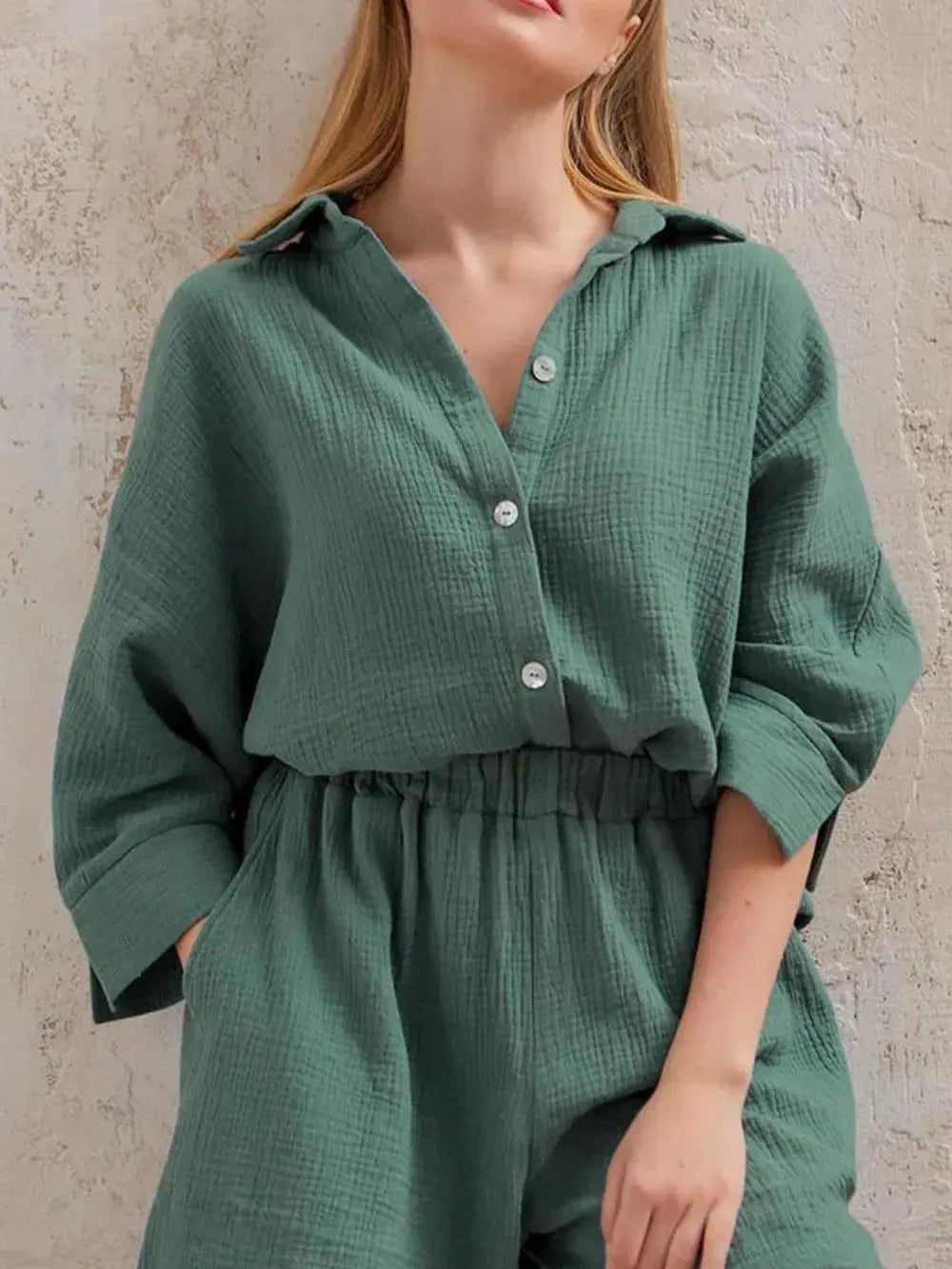 Texture Button Up Shirt and Shorts Set - CHIC TB