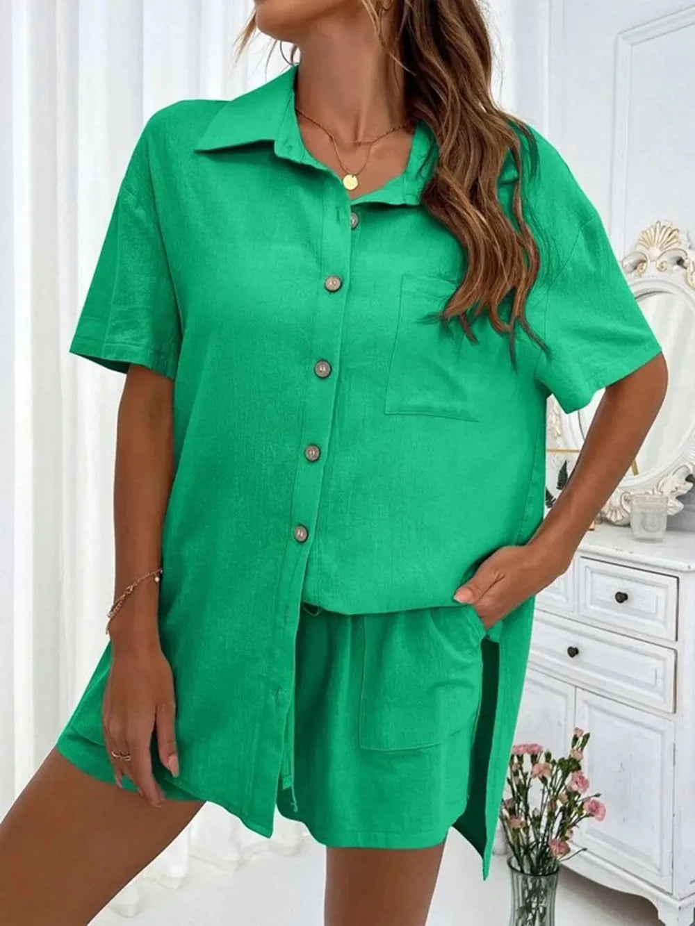 Button Up Shirt and Drawstring Shorts Set - CHIC TB