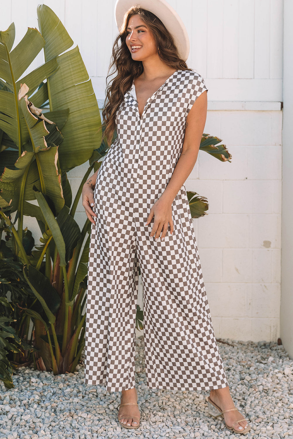 Khaki Checkered Print Buttoned Crew Neck Wide Leg Jumpsuit Dear-Lover Dropshipping