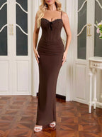 Womens Polyester Lace Trim Sweetheart Neck Ruched Maxi Dress