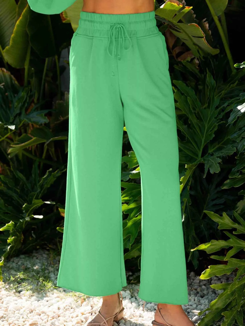 Drop Shoulder Puff Sleeve Crop Top and Drawstring Wide Leg Pants Set