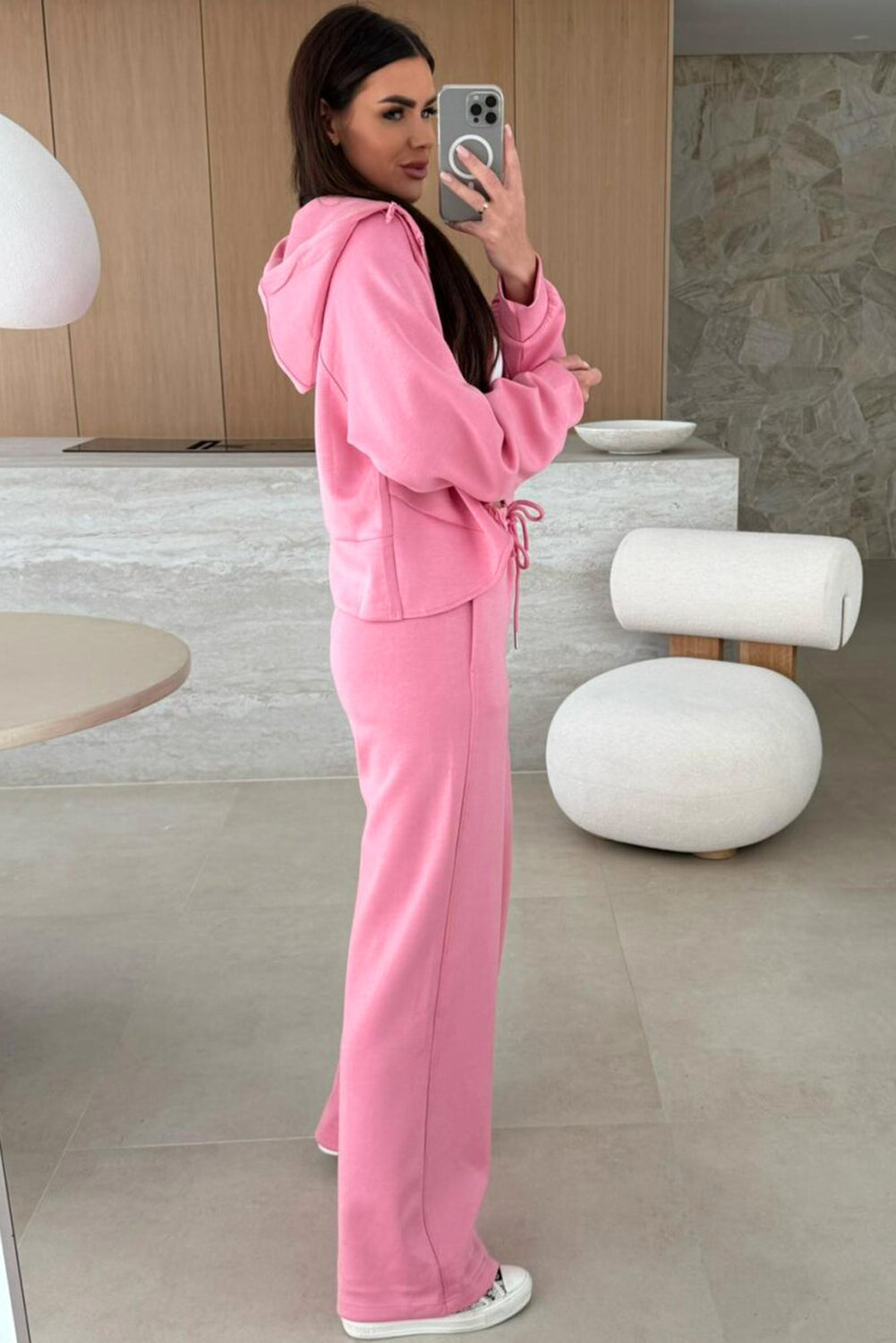 Pink Solid Color Zip Up Hoodie Drawstring Loose Pants Set Dear-Lover Dropshipping