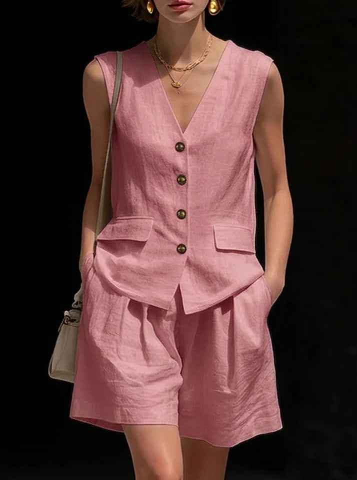 Womens Simple Elegant Cotton-Linen Vest Top And Shorts Two-Piece Set