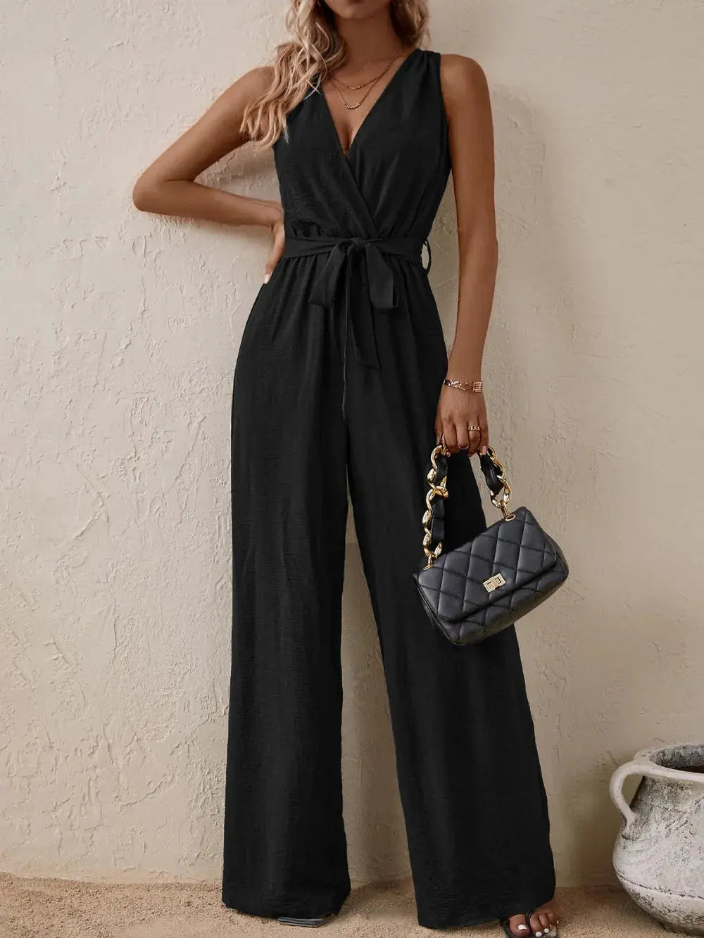 Honey Tied Surplice Sleeveless Wide Leg Jumpsuit.