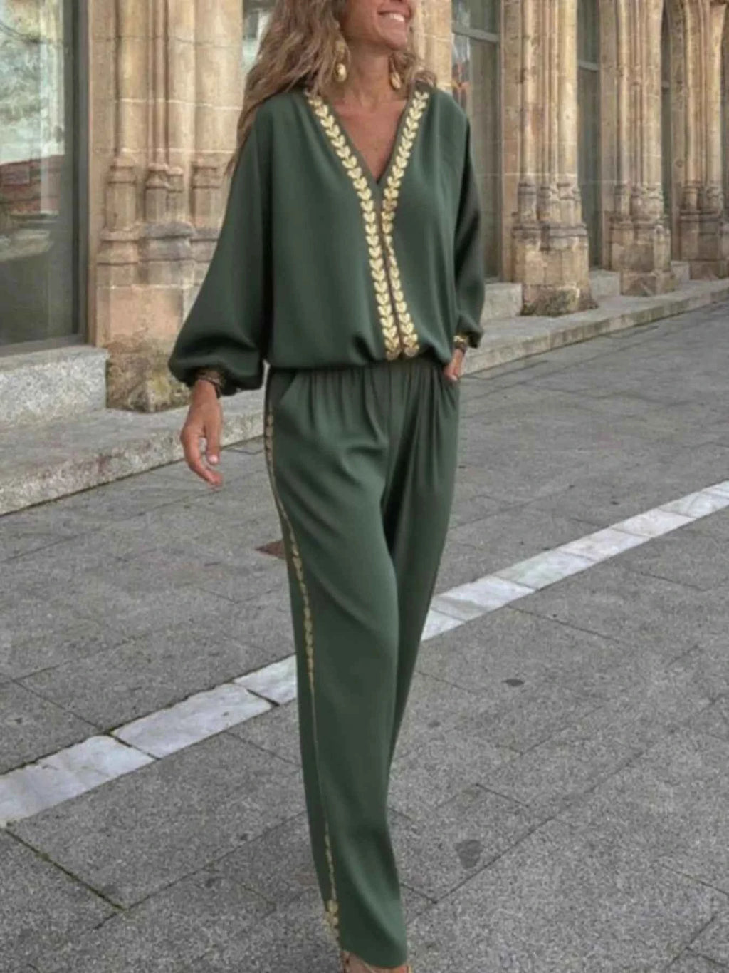 Full Size Contrast Trim V-Neck Top and Pants Set Plus Size