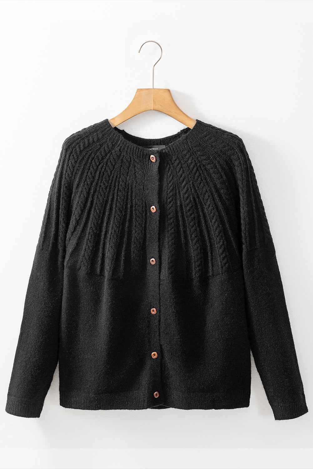 Black Solid Color Textured Detail Button Down Long Sleeve Sweater Cardigan