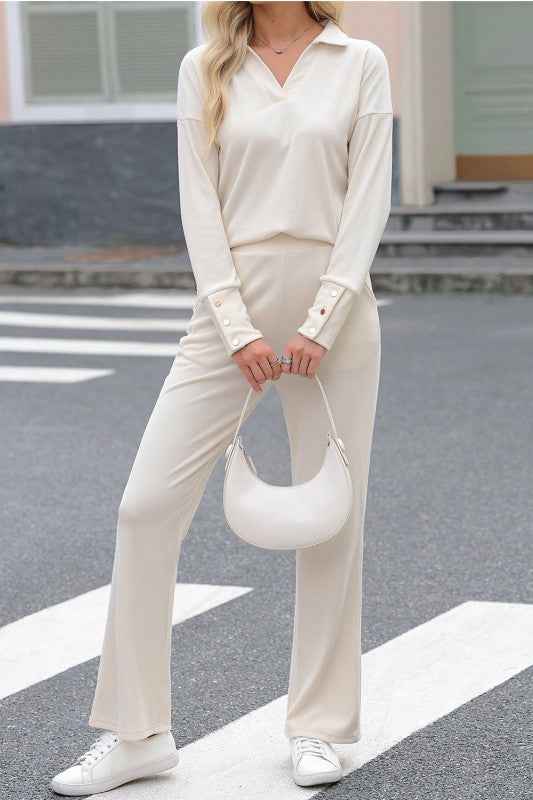 Solid Collared Pullover and Pants Set