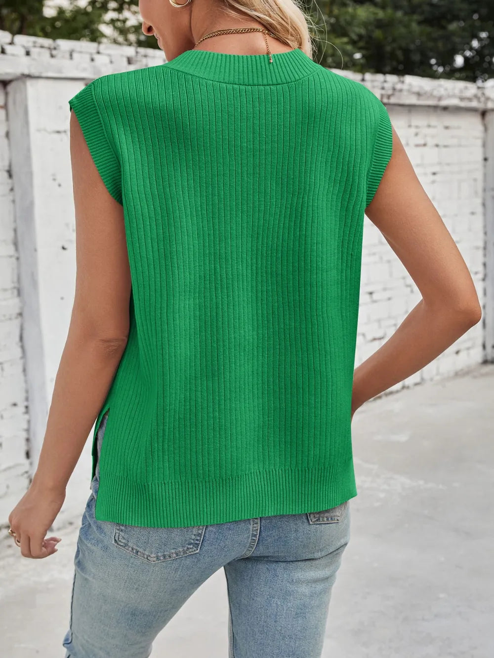 Lovelet Ribbed V-Neck Slit Sweater Vest.