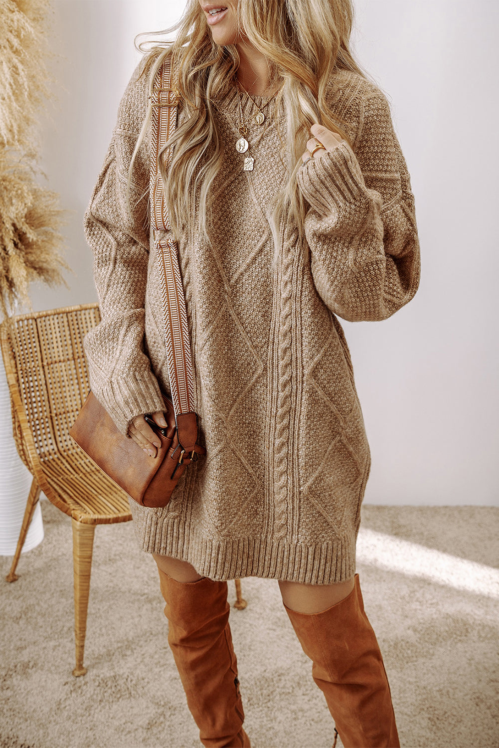 Parchment Cable Knit Drop Shoulder Loose Fit Sweater Dress Dear-Lover Dropshipping