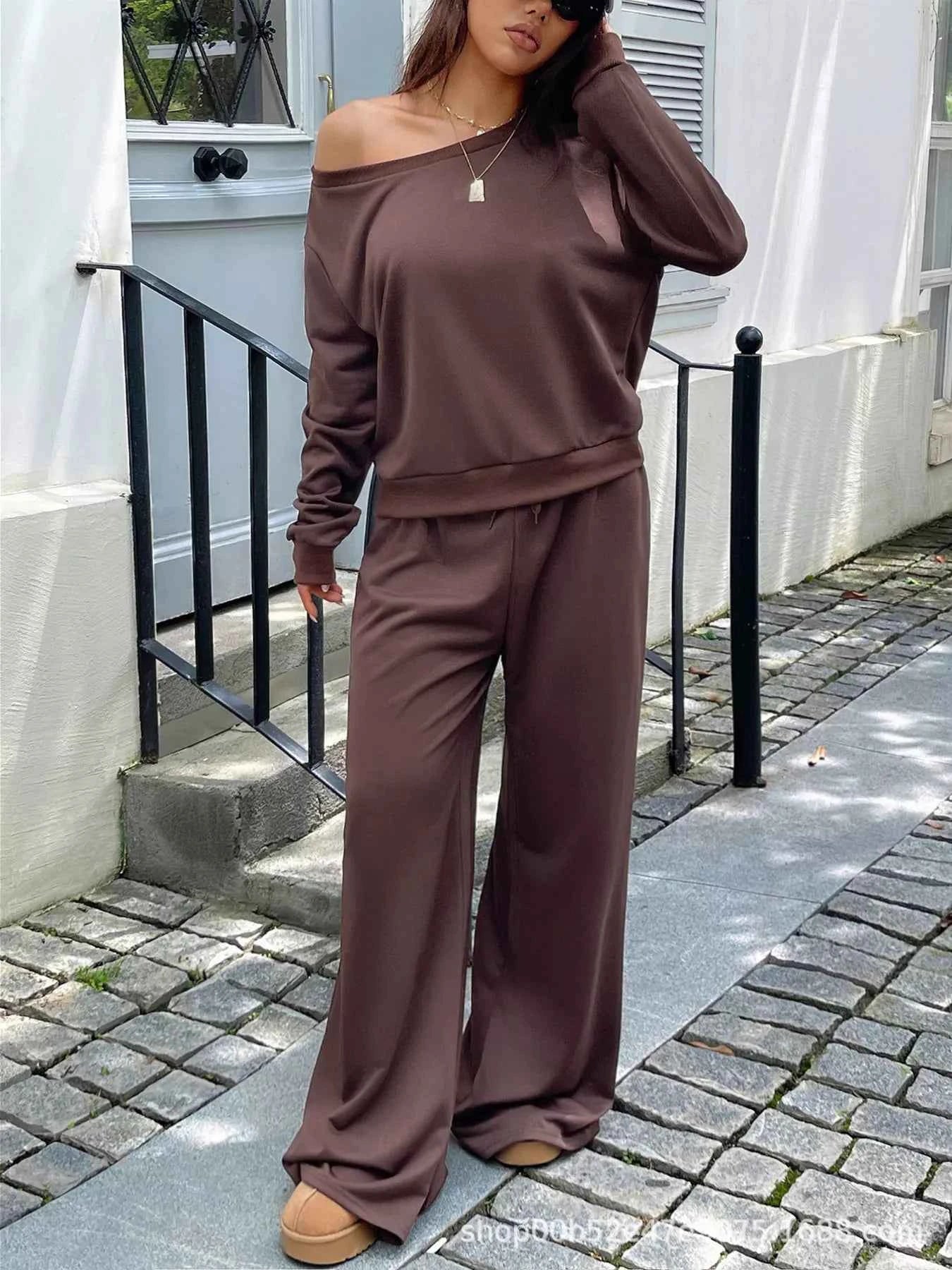 Boat Neck Long Sleeve Top and Pants Set