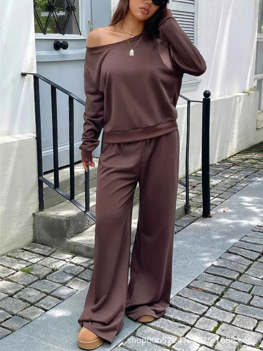 Boat Neck Long Sleeve Top and Pants Set