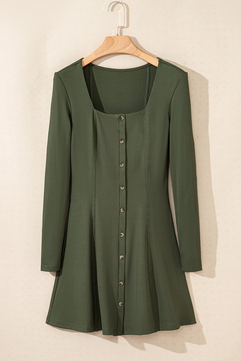 Guacamole Green Rib Knit Square Neck Buttoned Long Sleeve Mini Dress Dear-Lover Dropshipping