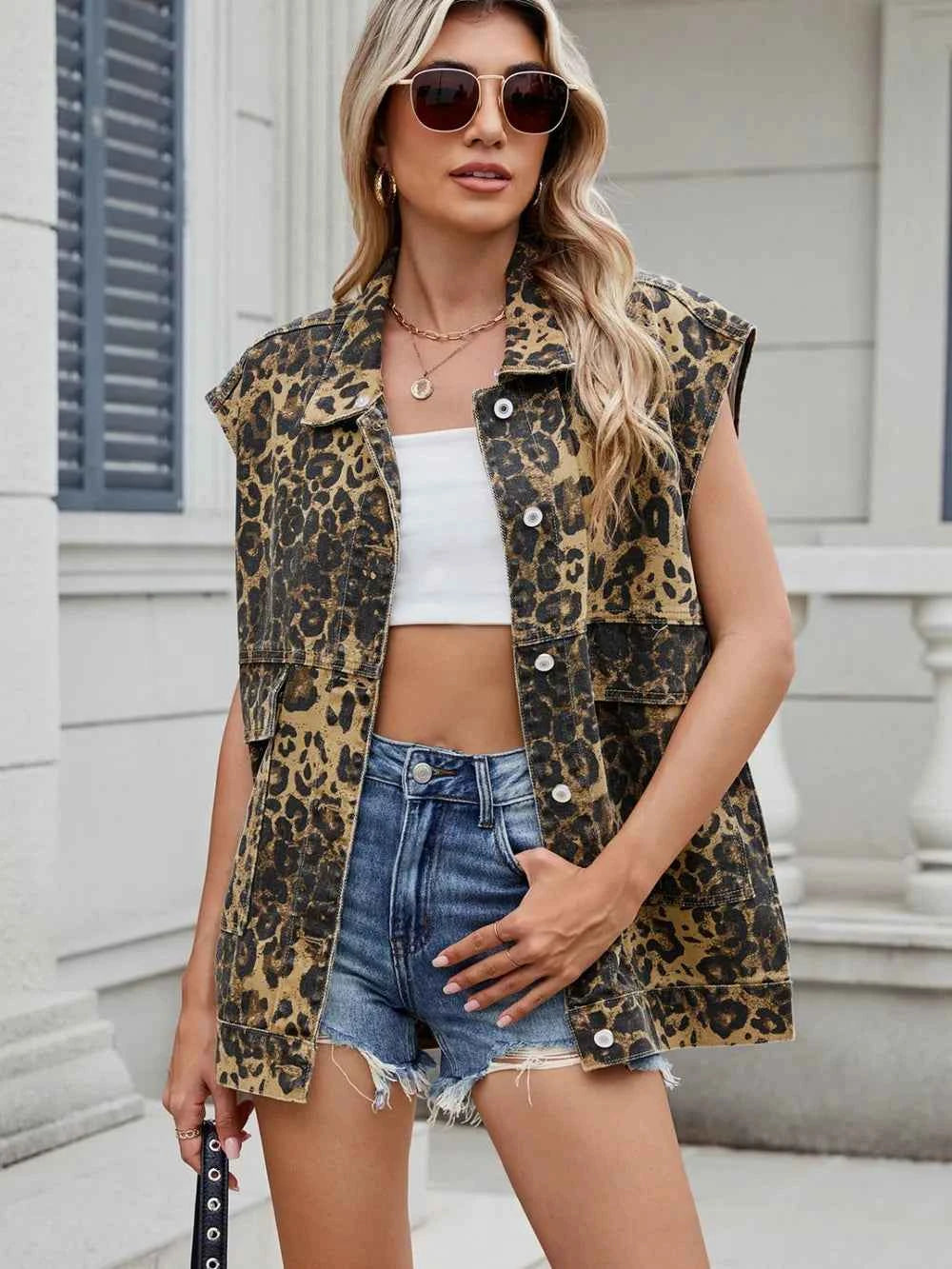 Leopard Buttton Up Denim Vest.
