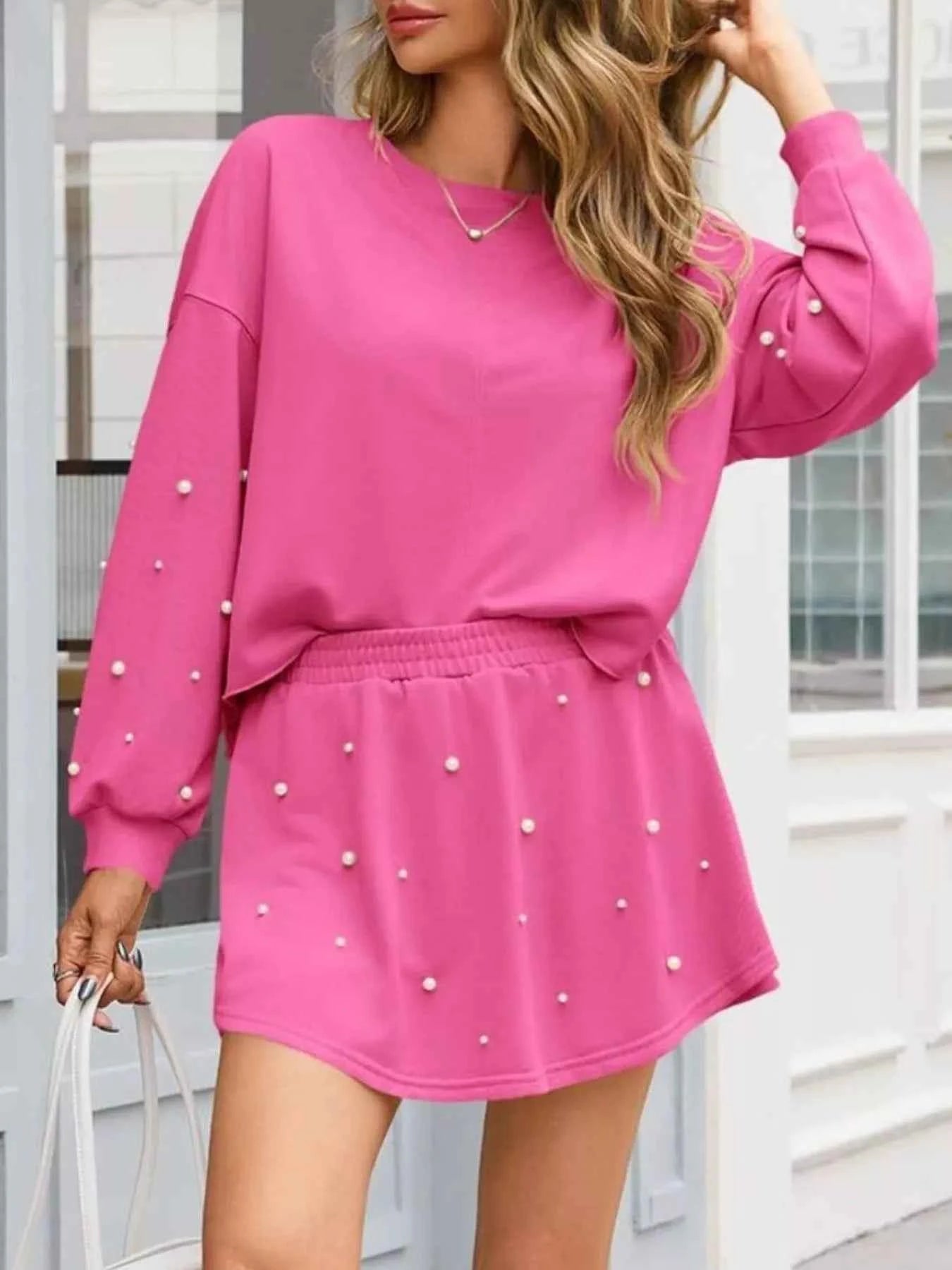 Pearl Embellished Round Neck Top and Skort Set
