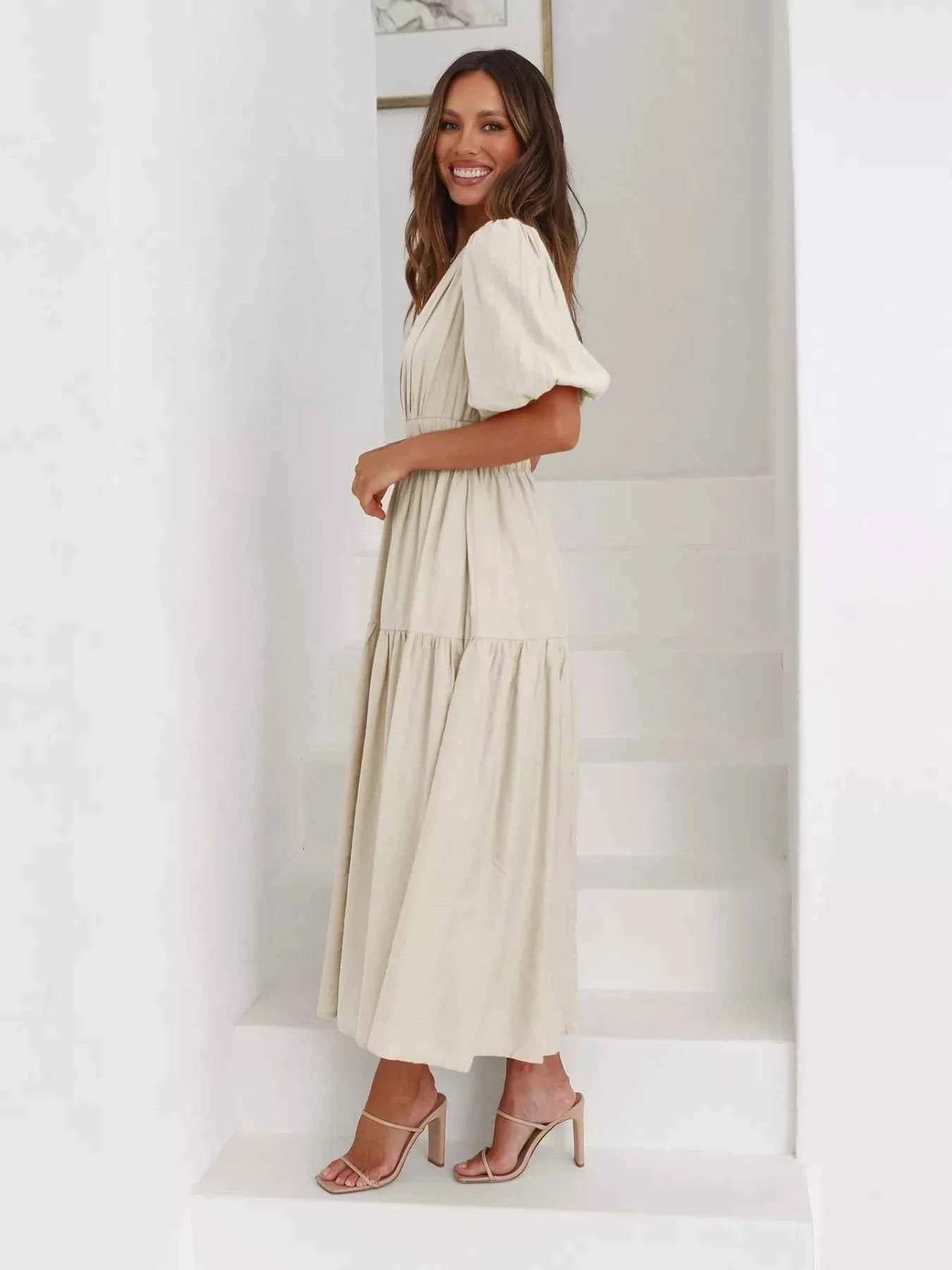 Tiered Puff Sleeve Midi Dress