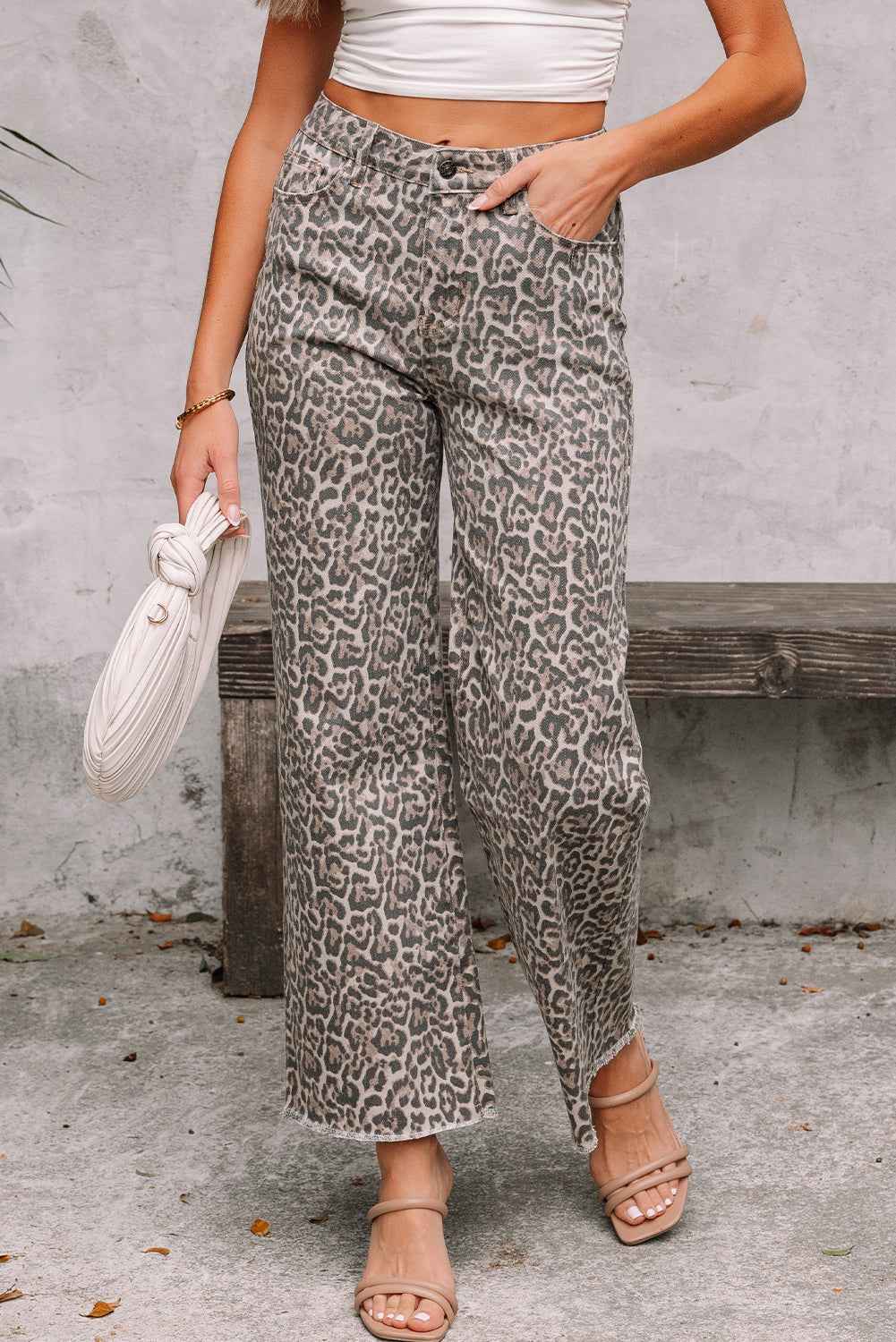 Brown Leopard Frayed Edge Wide Leg High Waist Jeans