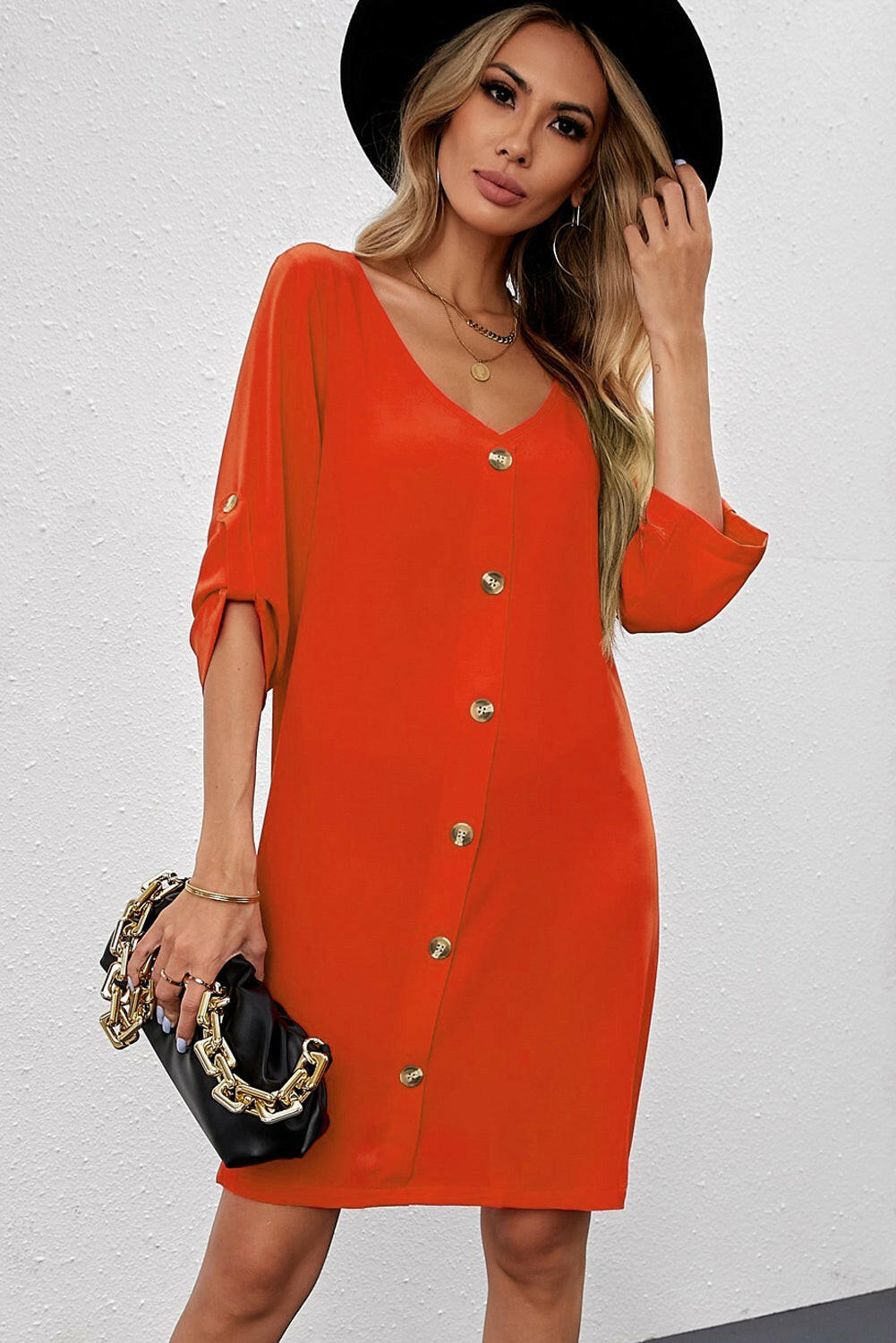 Buttoned V-Neck Dress.