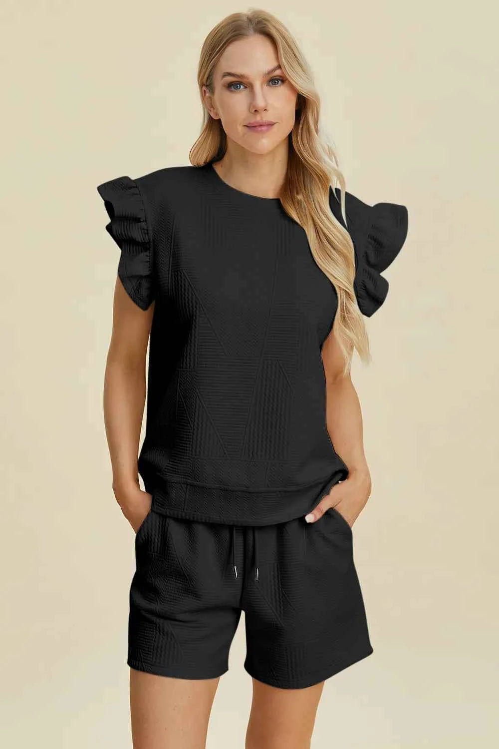 Round Neck Ruffle Sleeve Top and Shorts Set