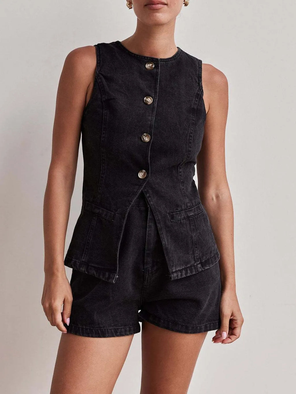 Button Down Vest and Shorts Denim Set.