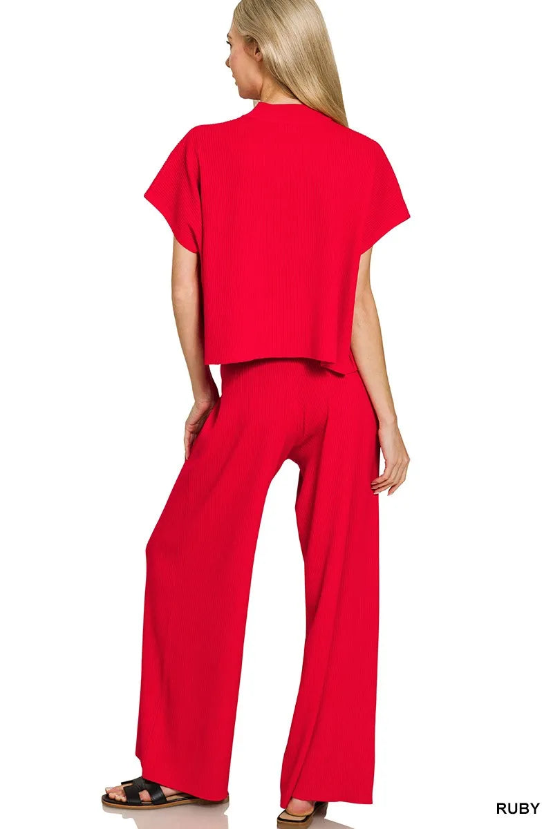 Zenana Viscose Sweater Short Sleeve Top and Pants Set.