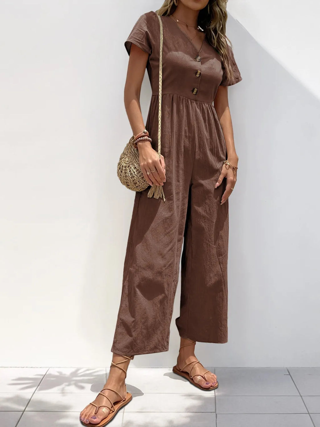 V-Neck Short Sleeve Wide Leg Jumpsuit.