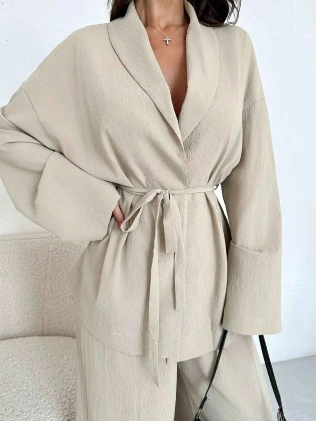 Front Tied Shirt and Wide-Leg Pants Set