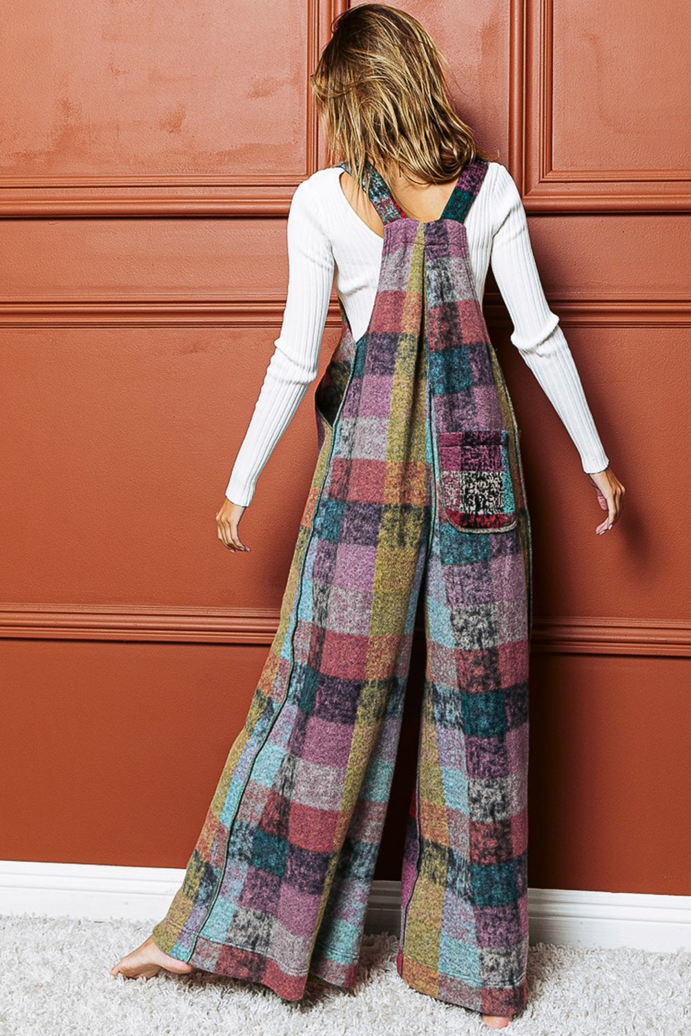 Multicolour Brushed Checkered Wide Leg Overalls Dear-Lover Dropshipping